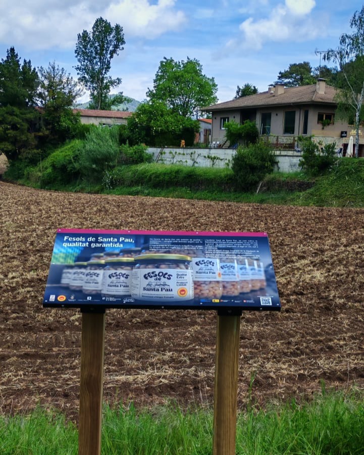 Plafó informatiu sobre els Fesols de Santa Pau davant d'un camp i una masia