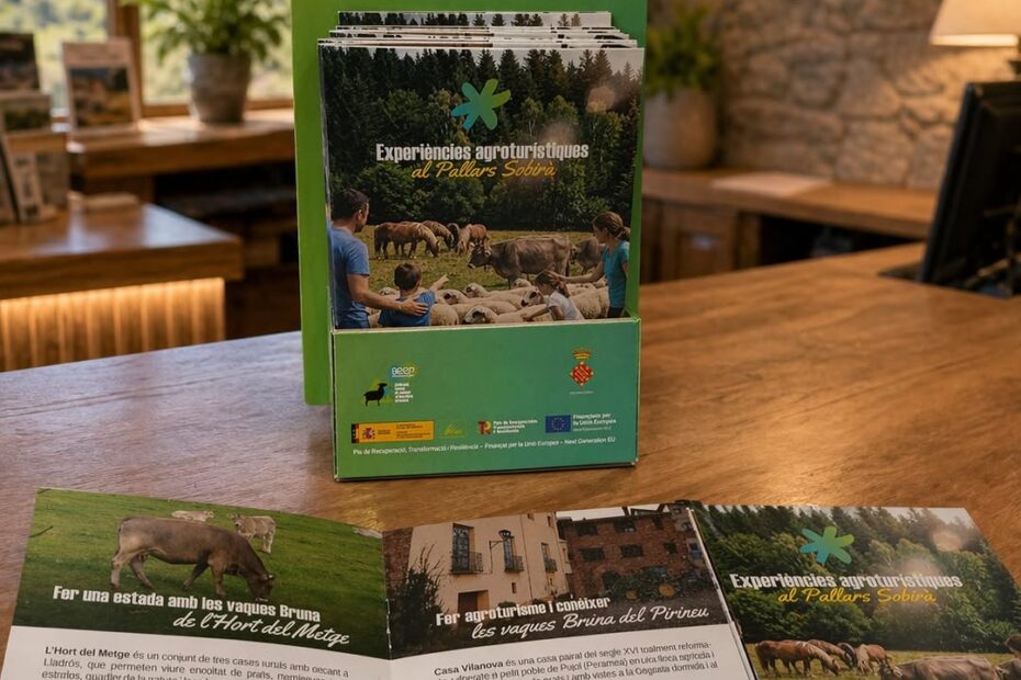 Catàleg d'experiències agroturístiques del Pallars Sobirà, obert sobre una taula de fusta