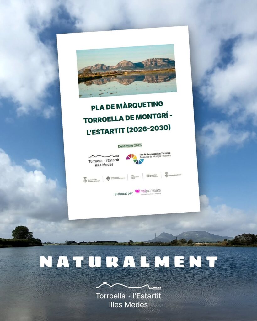 Portada del Pla de màrqueting de Torroella de Montgrí – l'Estartit (2026-2030) sobre un paisatge del Baix Ter, amb l'eslògan Naturalment